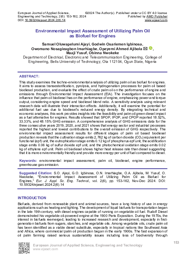 (PDF) Environmental Impact Assessment of Utilizing Palm Oil as Biofuel ...