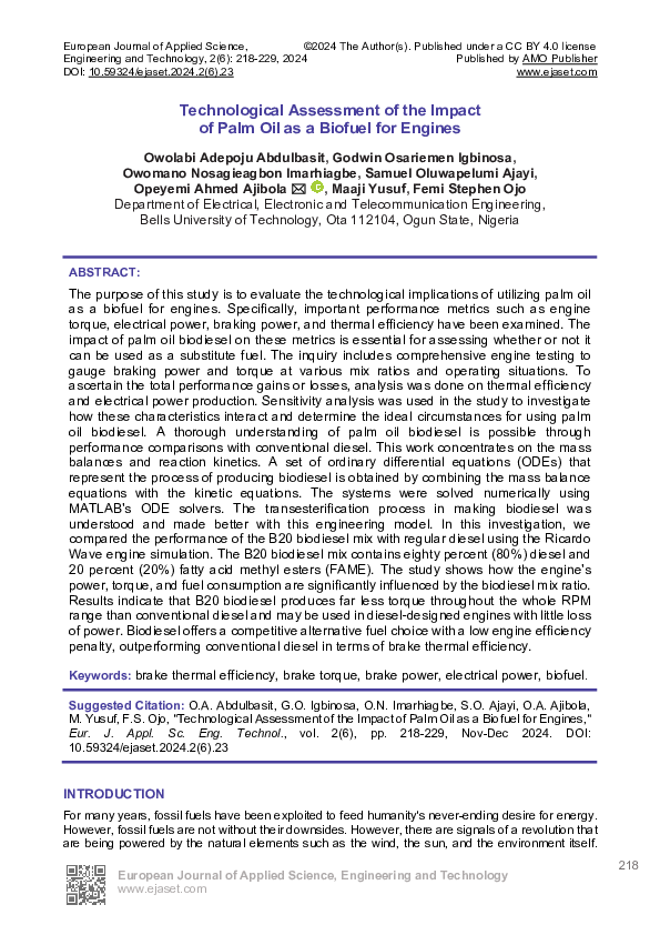 (PDF) Technological Assessment of the Impact of Palm Oil as a Biofuel ...