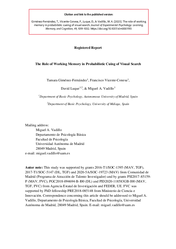(PDF) The role of working memory in probabilistic cuing of visual search