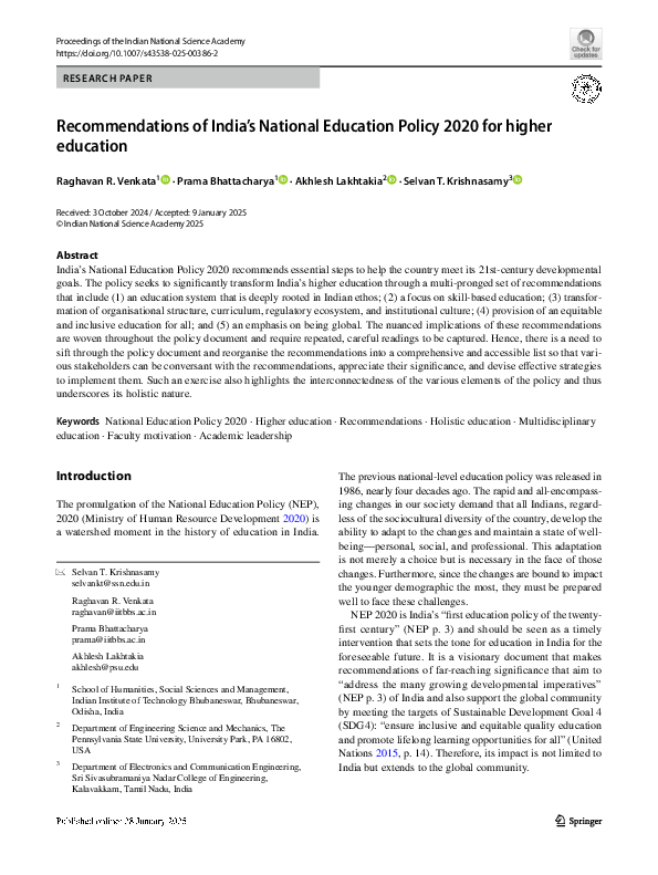 (PDF) Recommendations of India's National Education Policy 2020 for ...