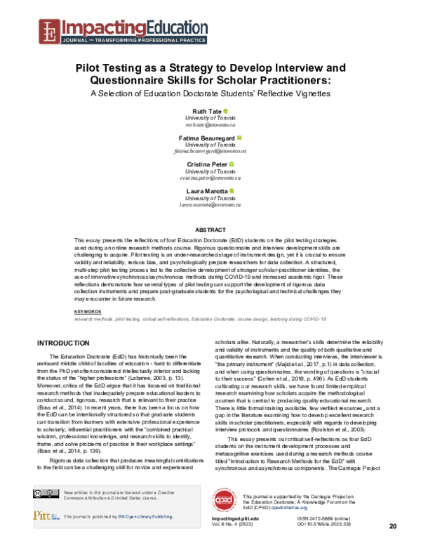 (PDF) Pilot Testing as a Strategy to Develop Interview and ...
