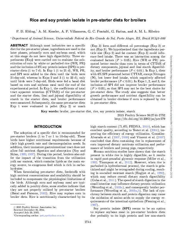 (PDF) Rice and soy protein isolate in pre-starter diets for broilers