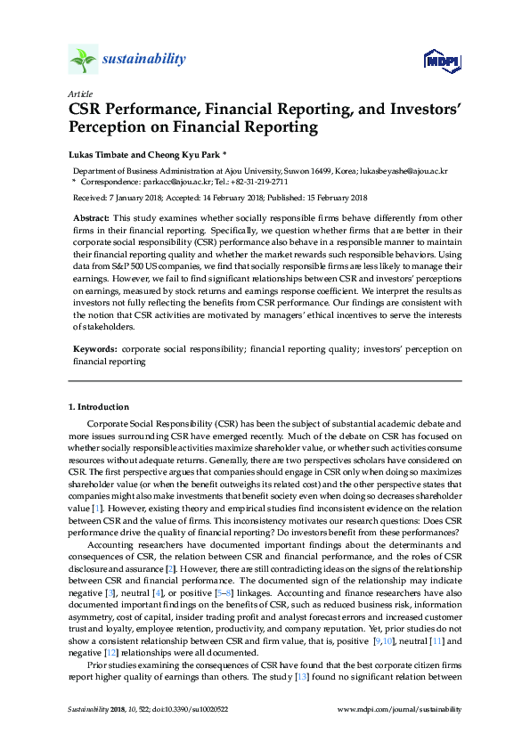 (PDF) CSR Performance, Financial Reporting, and Investors’ Perception ...