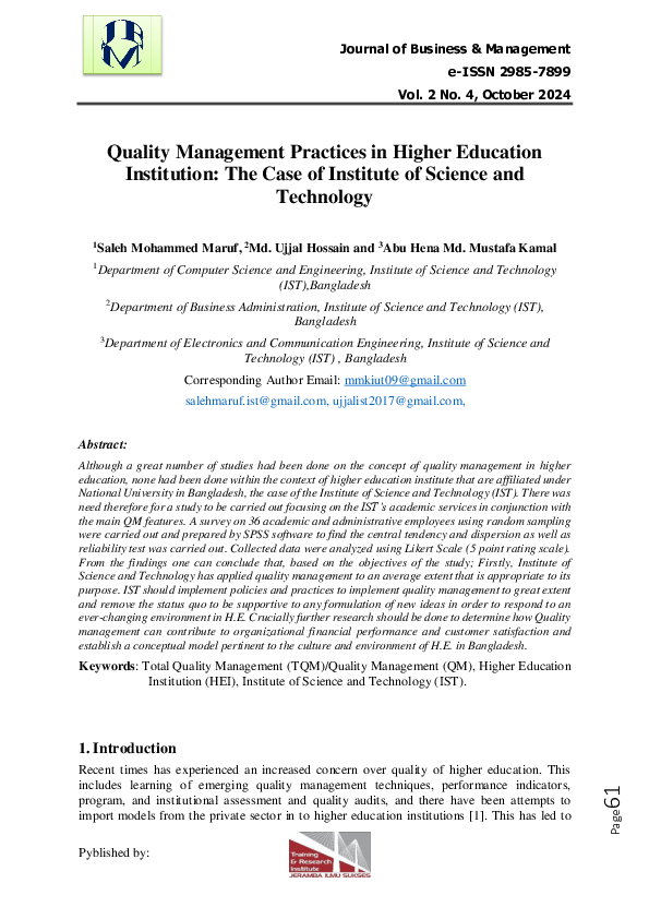 (PDF) Quality Management Practices in Higher Education Institution: The ...