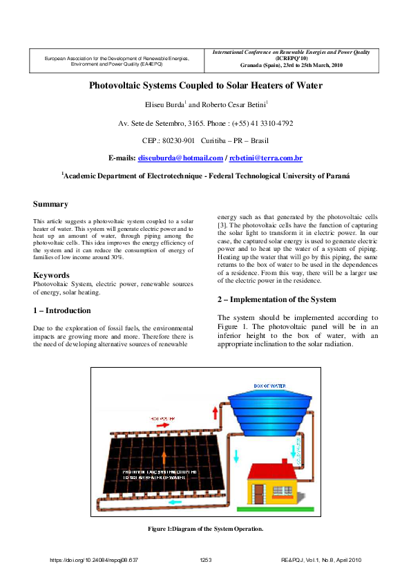 (PDF) Photovoltaic Systems Coupled to Solar Heaters of Water