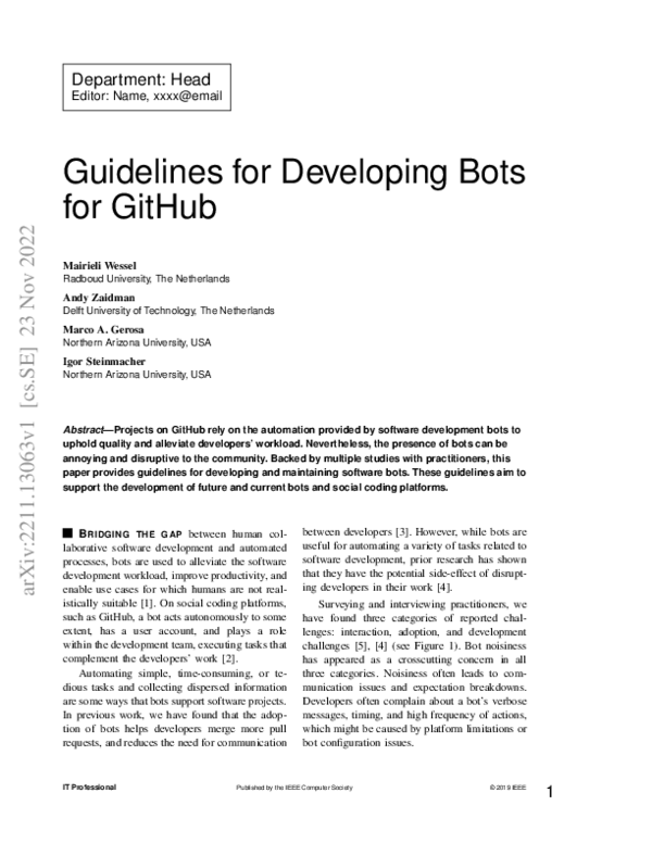 (PDF) Guidelines for Developing Bots for GitHub