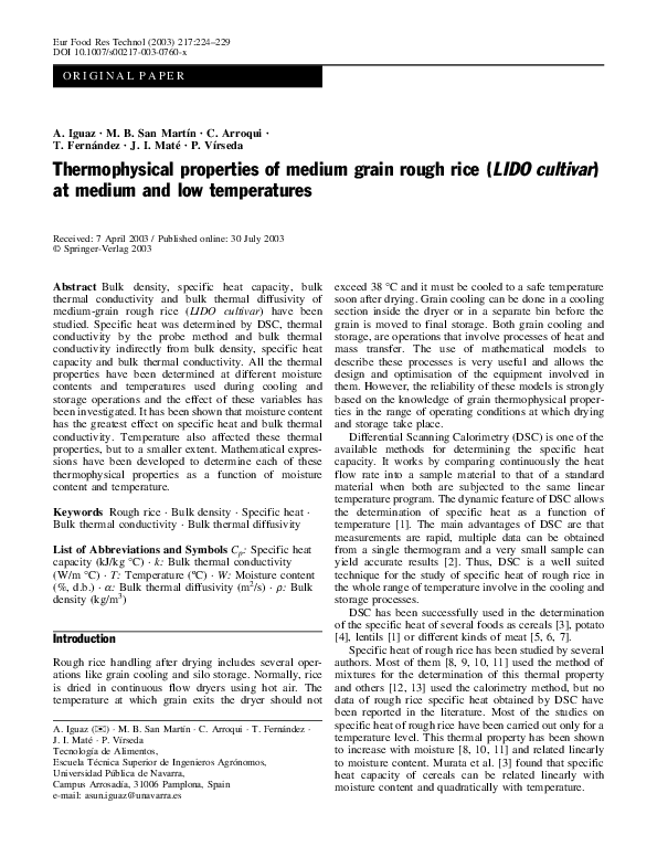 (PDF) Thermophysical properties of medium grain rough rice ( LIDO ...