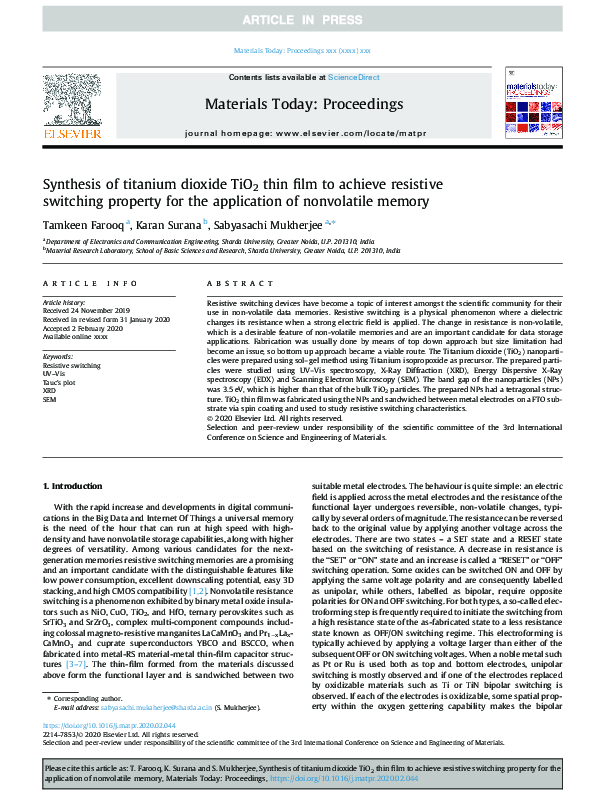 (PDF) Synthesis of titanium dioxide TiO2 thin film to achieve resistive ...