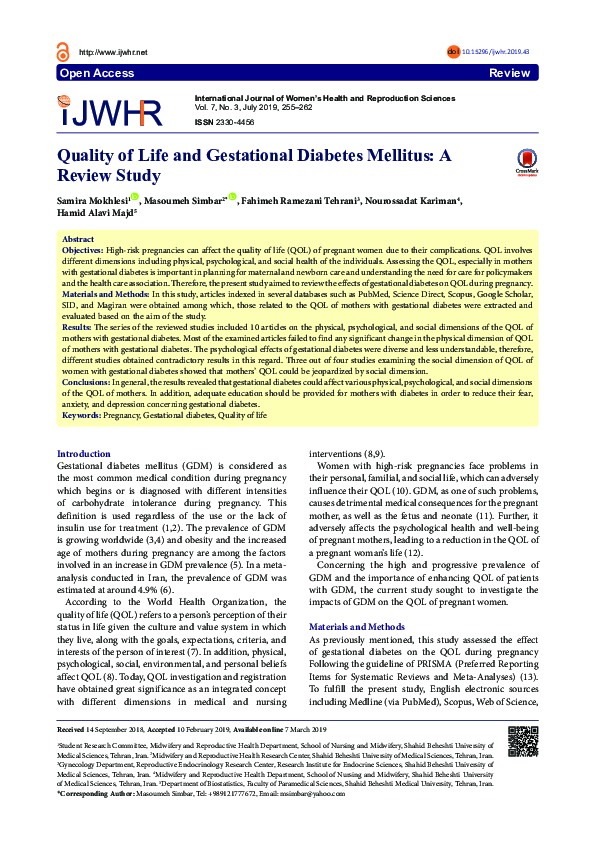 (PDF) Quality of Life and Gestational Diabetes Mellitus: A Review Study