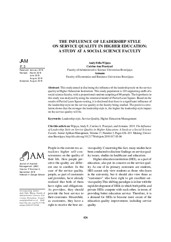 (PDF) The Influence of Leadership Style on Service Quality in Higher ...
