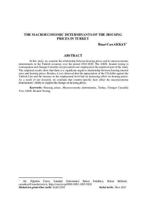 (PDF) The Macroeconomic Determinants of The Housing Prices in Turkey
