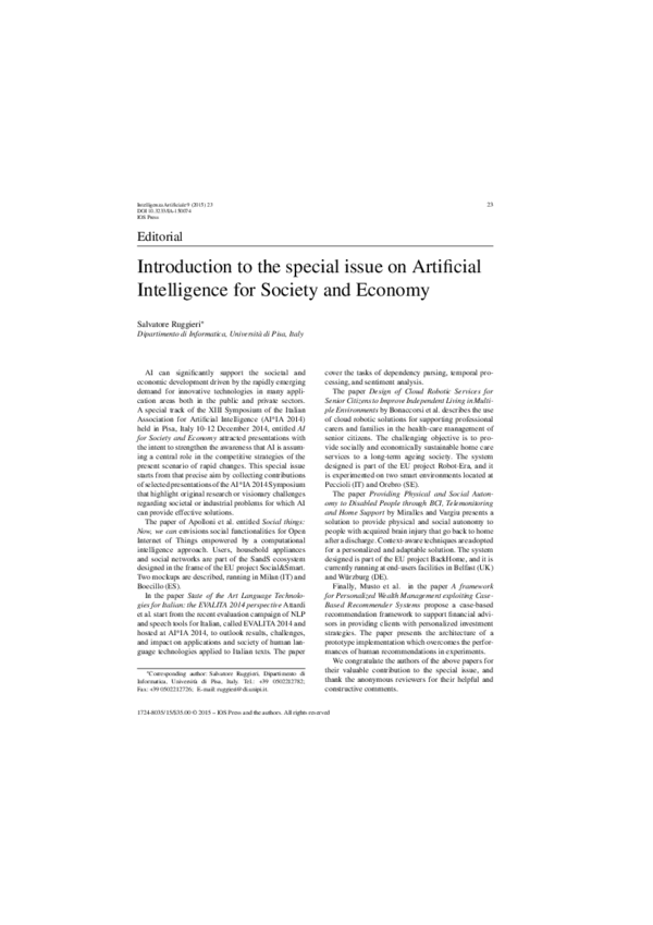 (PDF) Introduction to the special issue on Artificial Intelligence for ...