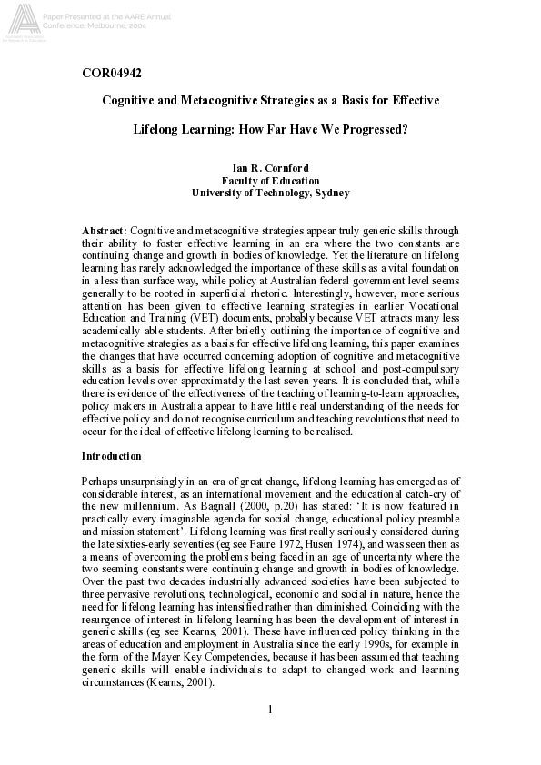 (PDF) Cognitive and metacognitive strategies as a basis for effective ...
