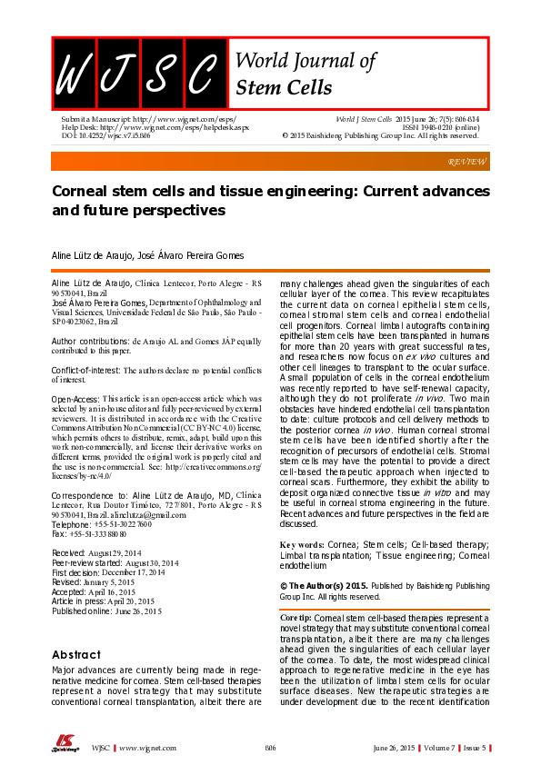 (PDF) Corneal stem cells and tissue engineering: Current advances and ...