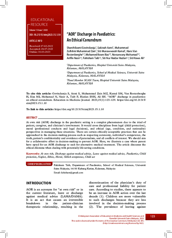 (PDF) “AOR” Discharge in Paediatrics: An Ethical Conundrum