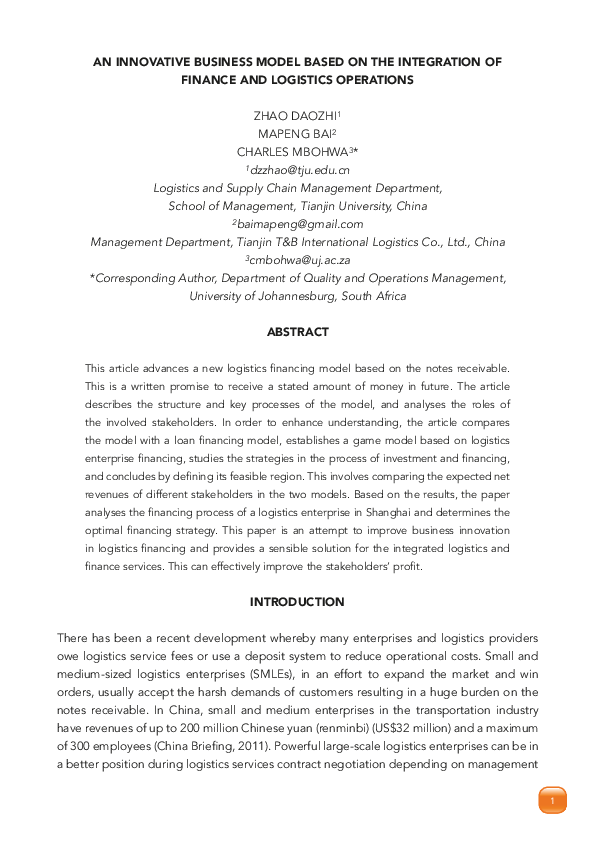 (PDF) An Innovative Business Model Based On the Integration of Finance ...