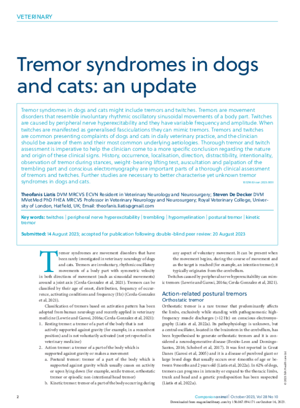 (PDF) Tremor syndromes in dogs and cats: an update