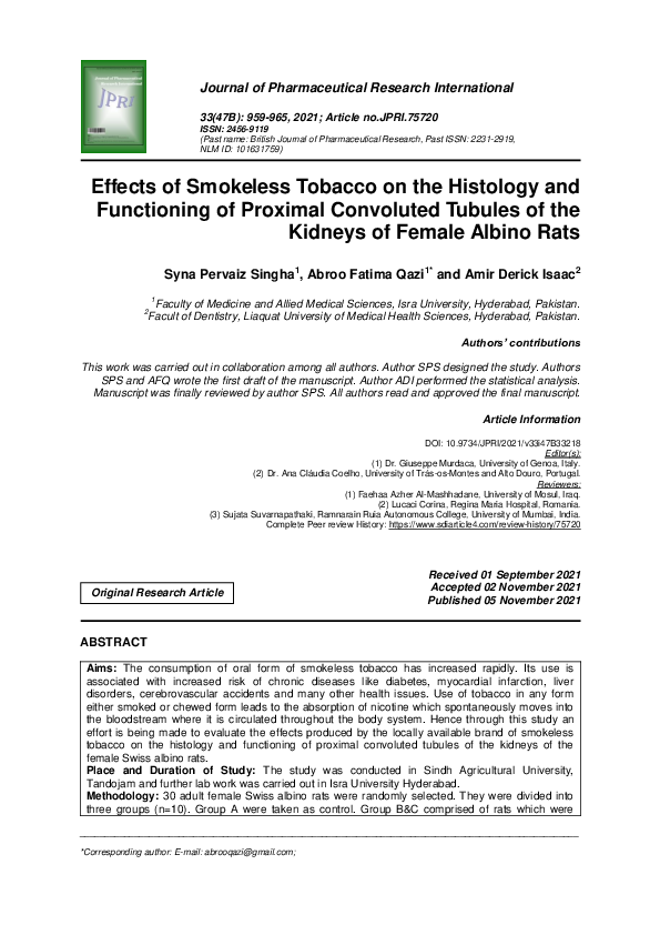(PDF) Effects of Smokeless Tobacco on the Histology and Functioning of ...