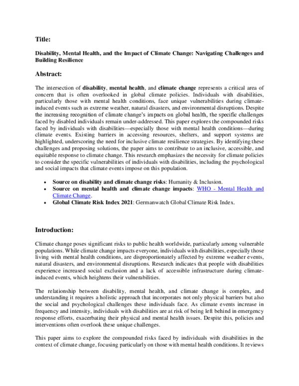 (PDF) Disability, Mental Health, and the Impact of Climate Change