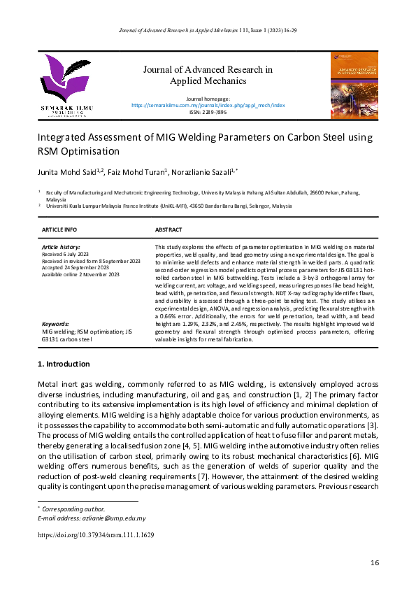 (PDF) Integrated Assessment of MIG Welding Parameters on Carbon Steel ...