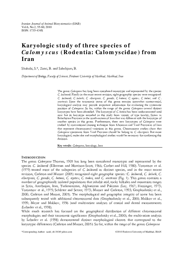 (PDF) Karyologic study of three species of Calomyscus (Rodentia ...