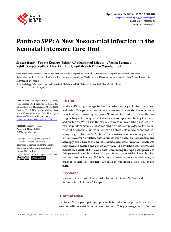(PDF) Pantoea SPP: A New Nosocomial Infection in the Neonatal Intensive ...