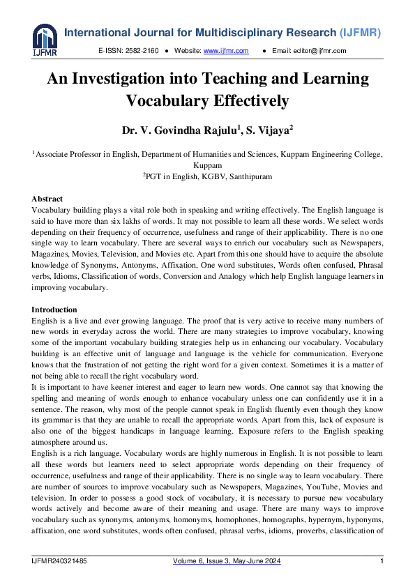 (PDF) An Investigation into Teaching and Learning Vocabulary Effectively