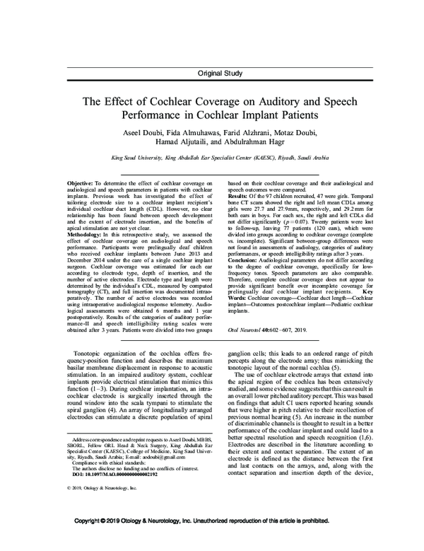 (PDF) The Effect of Cochlear Coverage on Auditory and Speech ...