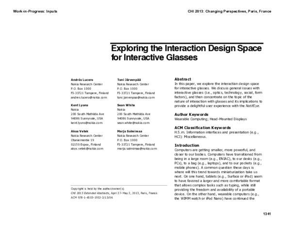 (PDF) Exploring the interaction design space for interactive glasses