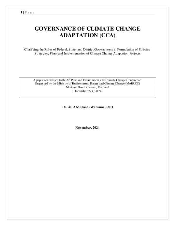 (PDF) GOVERNANCE OF CLIMATE CHANGE ADAPTATION (CCA) Clarifying the ...