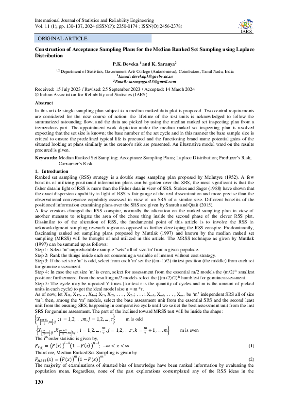 (PDF) Construction of Acceptance Sampling Plans for the Median Ranked ...