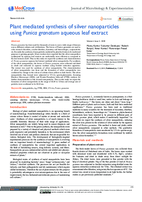 (PDF) Plant mediated synthesis of silver nanoparticles using Punica ...