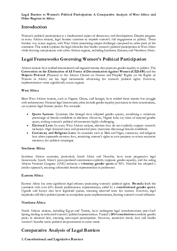 (PDF) Legal Barriers to Women's Political Participation: A Comparative ...