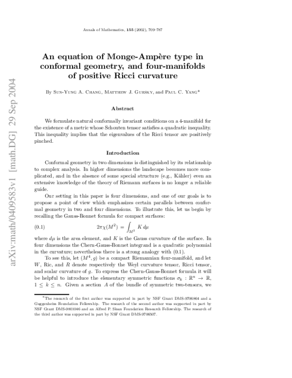 (PDF) An Equation of Monge-Ampere Type in Conformal Geometry, and Four ...
