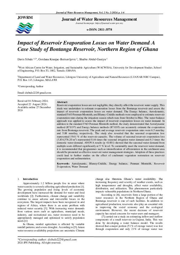 (PDF) Impact of Reservoir Evaporation Losses on Water Demand: A Case ...