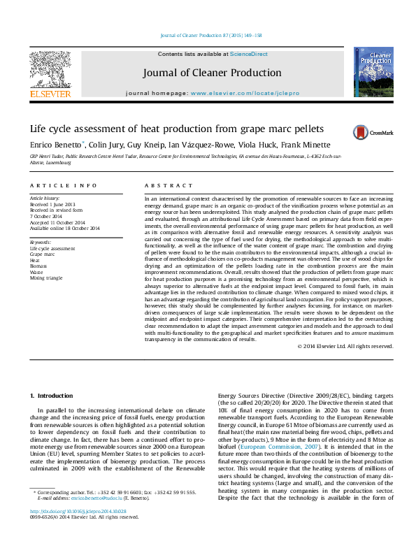 (PDF) Life cycle assessment of heat production from grape marc pellets
