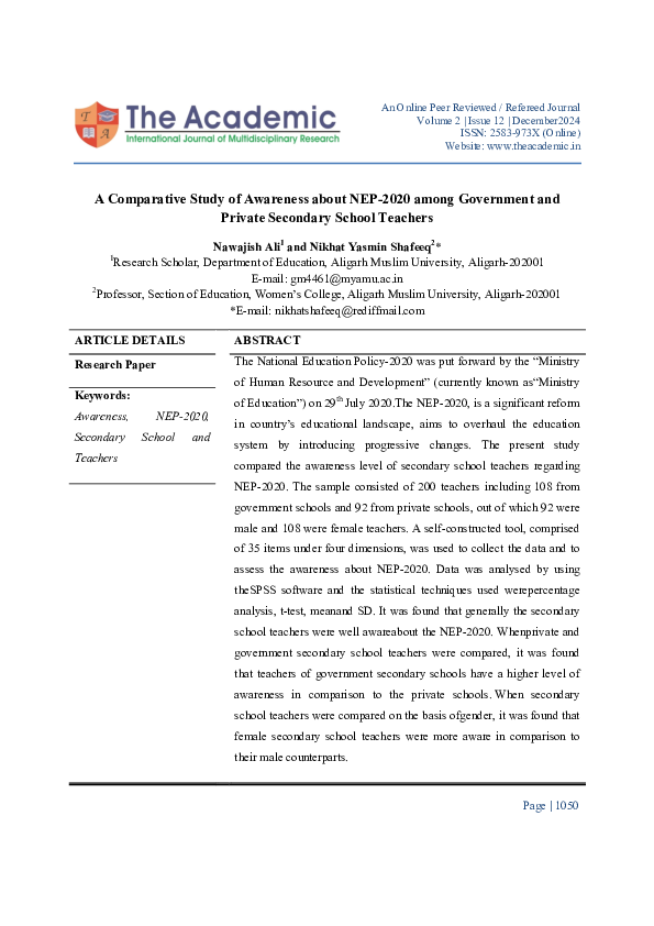 (PDF) A Comparative Study of Awareness about NEP-2020 among Government ...