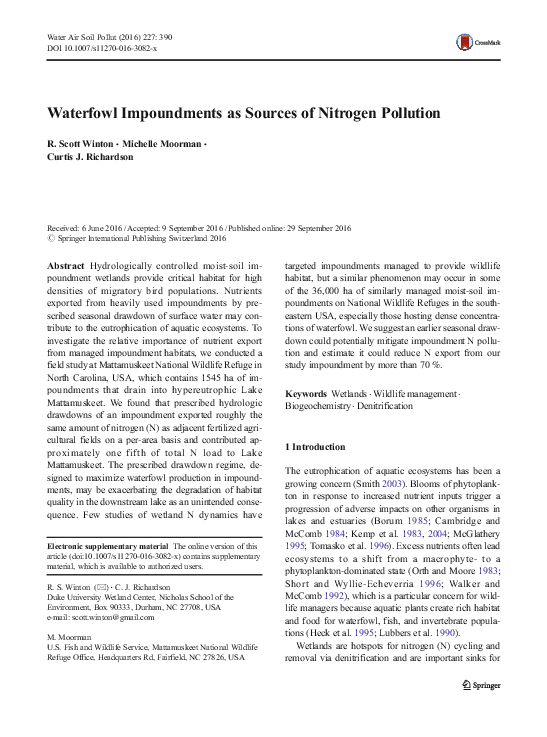 (PDF) Waterfowl Impoundments as Sources of Nitrogen Pollution
