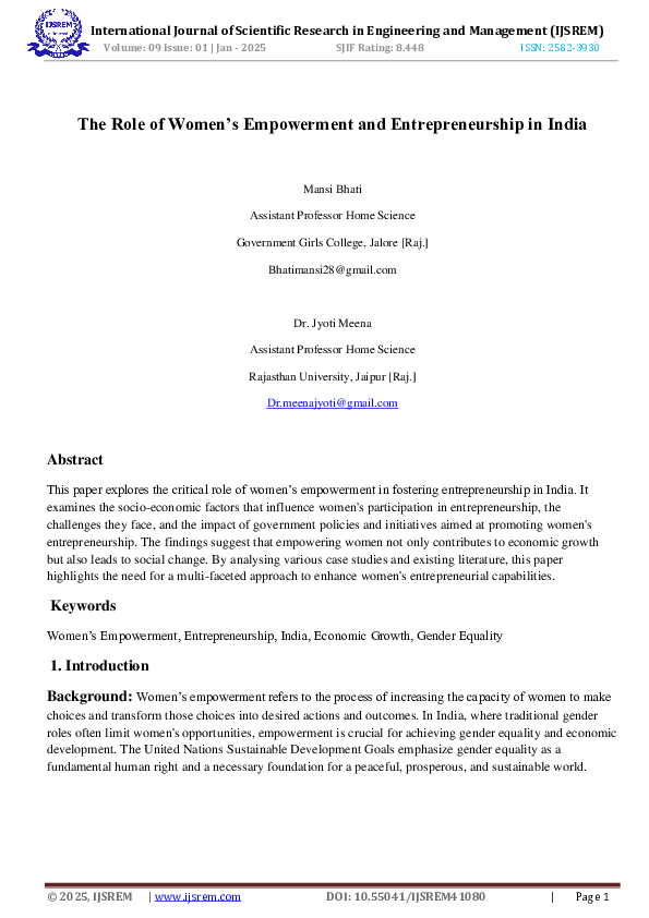 (PDF) The Role of Women's Empowerment and Entrepreneurship in India