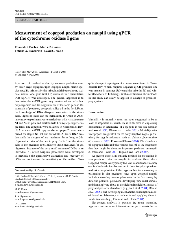 (PDF) Measurement of copepod predation on nauplii using qPCR of the ...