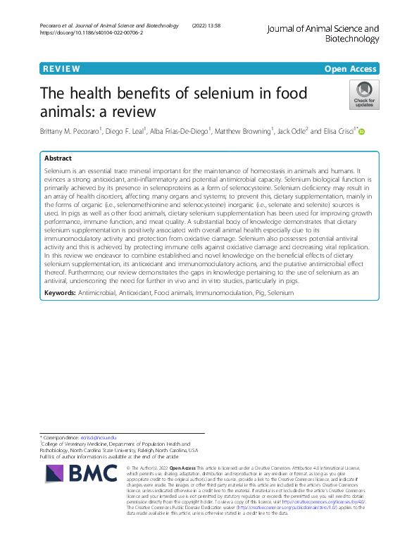 (PDF) The health benefits of selenium in food animals: a review