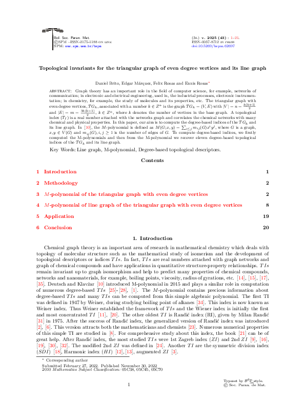 (PDF) Topological invariants for the triangular graph of even degree ...