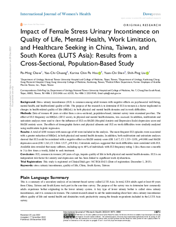 (PDF) Impact of Female Stress Urinary Incontinence on Quality of Life ...