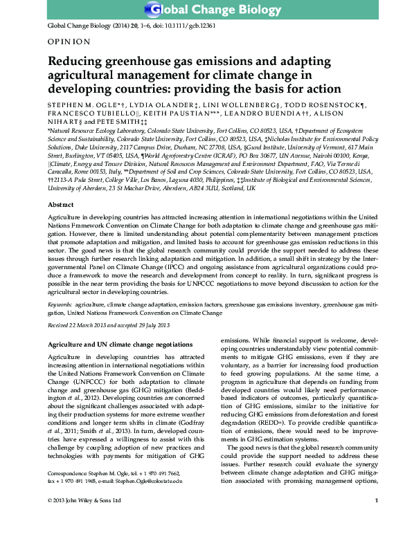 (PDF) Reducing greenhouse gas emissions and adapting agricultural ...