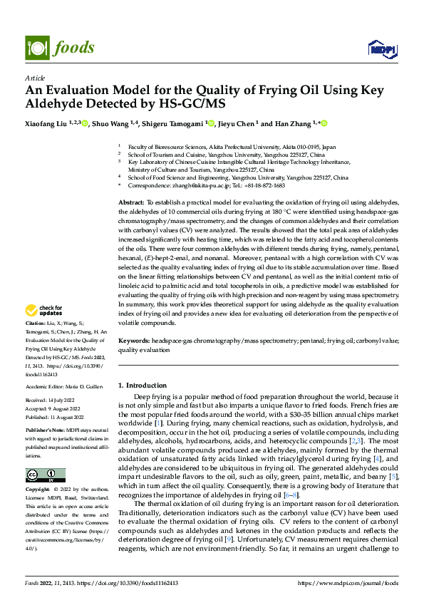 (PDF) An Evaluation Model for the Quality of Frying Oil Using Key ...