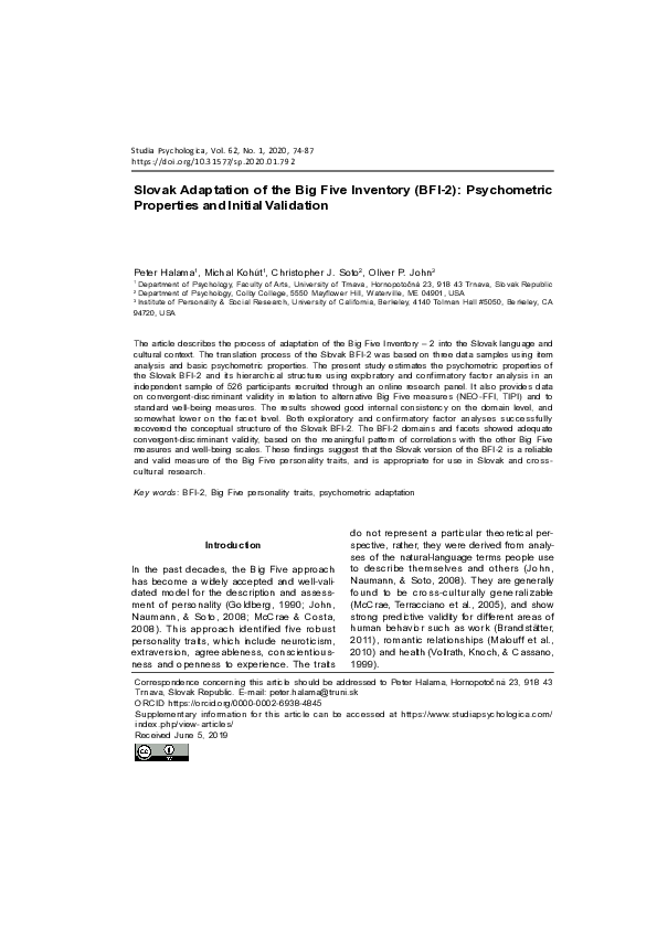 (PDF) Slovak Adaptation of the Big Five Inventory (BFI-2): Psychometric ...