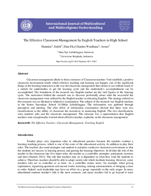 (PDF) The Effective Classroom Management by English Teachers in High School