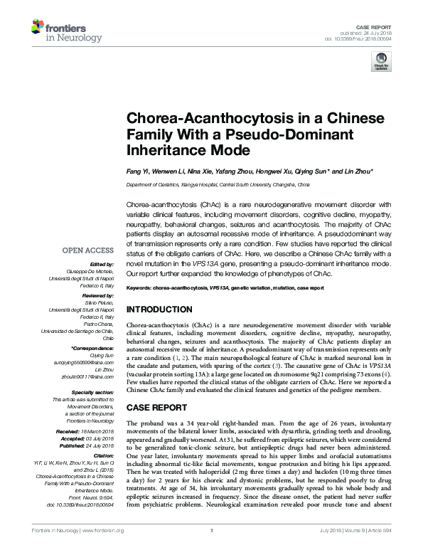 (PDF) Chorea-Acanthocytosis in a Chinese Family With a Pseudo-Dominant ...
