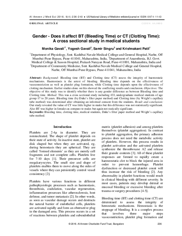 (PDF) Gender - Does it affect BT (Bleeding Time) or CT (Clotting Time ...