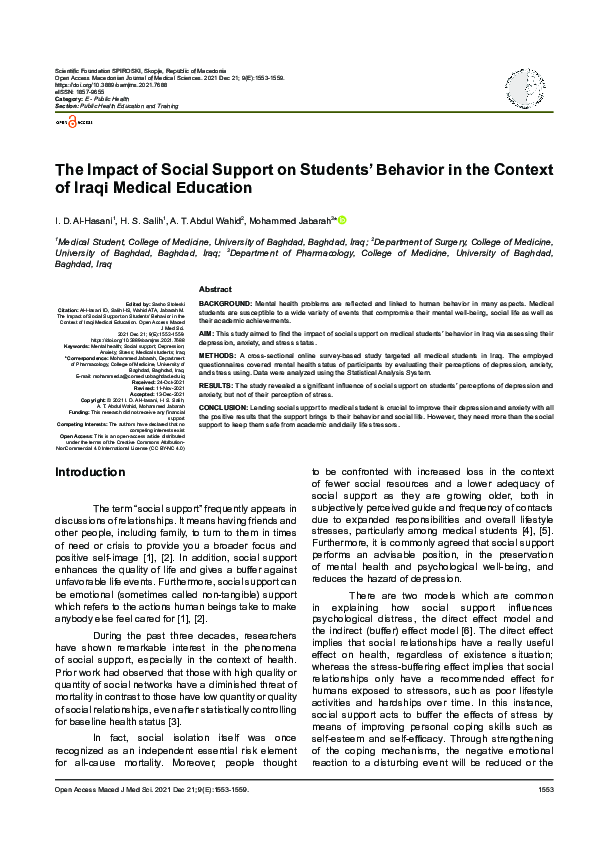 (PDF) The Impact of Social Support on Students’ Behavior in the Context ...